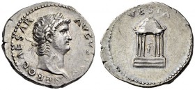 Nero, 54-68. Denarius (Silver, 19mm, 3.45 g 6), Rome, 65-66. NERO CAESAR AVGVSTVS Laureate head of Nero to right. Rev. VESTA Round, hexastyle temple o...