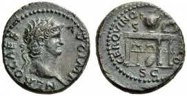 Nero, 54-68. Semis (Orichalcum, 17mm, 3.83 g 7), Rome, c. 64. NERO CAES AVG IMP Laureate head of Nero to right. Rev. CER QVINQ [ROM] CO / SC Table, se...