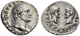 Vespasian, with Titus and Domitian as Caesares, 69-79. Denarius (Silver, 16mm, 3.13 g 6), Rome, January-June 70. IMP CAESAR VESPASIANVS AVG Laureate h...