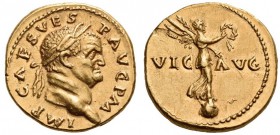 Vespasian, 69-79. Aureus (Gold, 19mm, 7.34 g 6), Rome, July-December 71. IMP CAES VESP AVG P M Laureate head of Vespasian to right. Rev. VIC - AVG Vic...