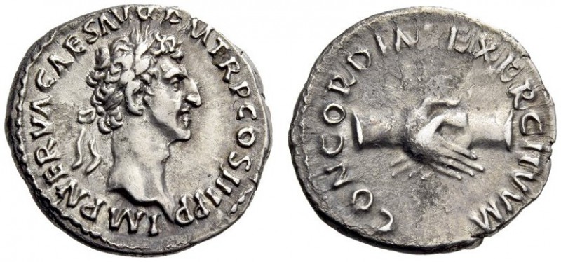 Nerva, 96-98. Denarius (Silver, 17mm, 2.83 g 6), Rome, 97. IMP NERVA CAES AVG P ...