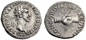 Nerva, 96-98. Denarius (Silver, 17mm, 2.83 g 6), Rome, 97. IMP NERVA CAES AVG P M TR P COS III P P Laureate head of Nerva to right. Rev. CONCORDIA EXE...