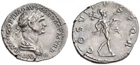 Trajan, 98-117. Denarius (Silver, 20mm, 3.22 g 7), Rome, 114. IMP TRAIANO OPTIMO AVG GER DAC P M TR P Laureate and draped bust of Trajan to right. Rev...