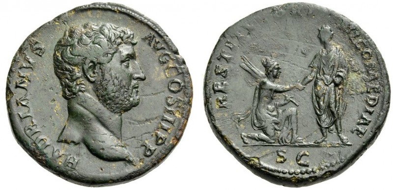 Hadrian, 117-138. Sestertius (Orichalcum, 32mm, 22.08 g 6), Rome, 136. HADRIANVS...