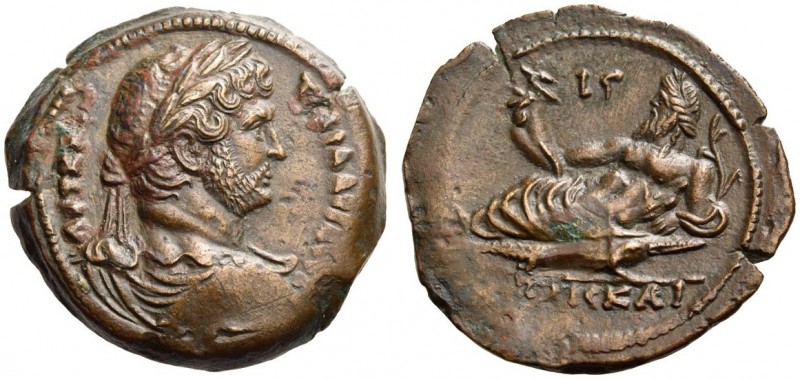 Hadrian, 117-138. Alexandria. Drachm (Bronze, 35mm, 23.77 g 12), year 13 = 128/1...