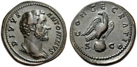 Divus Antoninus Pius, died in 161. Sestertius (Orichalcum, 34mm, 26.59 g 6), Rome, 161 and later. DIVVS ANTONINVS Bare-headed bust of Antoninus Pius t...