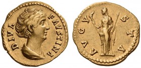Diva Faustina Senior, died in 140/1. Aureus (Gold, 19mm, 7.25 g 6), Rome, c. 150. DIVA FAVSTINA Draped bust of Diva Faustina to right, her hair adorne...
