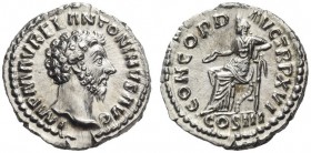 Marcus Aurelius, 161-180. Denarius (Silver, 18mm, 3.40 g 12), Rome, December 161 - December 162. IMP M AVREL ANTONINVS AVG Bare head of Marcus Aureliu...