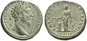 Marcus Aurelius, 161-180. Sestertius (Orichalcum, 30mm, 24.88 g 12), Rome, December 162-December 163. IMP CAES M AVREL ANTONINVS AVG P M Laureate head...