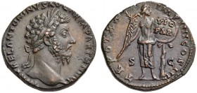 Marcus Aurelius, 161-180. Sestertius (Orichalcum, 30mm, 19.04 g 12), Rome, summer- December 166. M AVREL ANTONINVS AVG ARM PARTH MAX Laureate head of ...