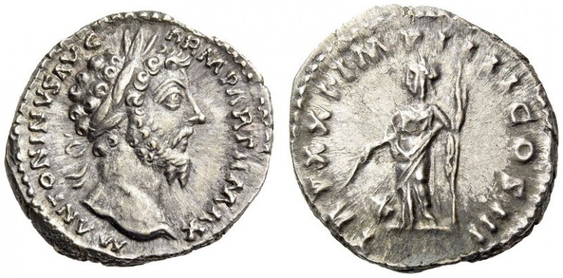 Marcus Aurelius, 161-180. Denarius (Silver, 18mm, 3.83 g 6), Rome, December 166 ...
