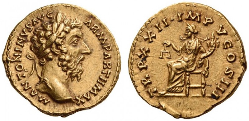 Marcus Aurelius, 161-180. Aureus (Gold, 20mm, 7.27 g 12), Rome, December 167 - D...