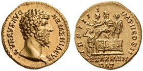Lucius Verus, 161-169. Aureus (Gold, 18mm, 7.35 g 12), Rome, 163-164. L VERVS AVG ARMENIACVS Bare head of Lucius Verus to right. Rev. TR P IIII IMP II...