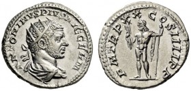 Caracalla, 198-217. Antoninianus (Silver, 22mm, 5.23 g 12), Rome, 217. ANTONINVS PIVS AVG GERM Radiate and draped bust of Caracalla to right, seen fro...