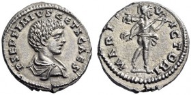 Geta, as Caesar, 198-209. Denarius (Silver, 17mm, 3.06 g 12), Laodicea ad Mare, 202-203. P SEPTIMIVS GETA CAES Bareheaded and draped bust of Geta to r...