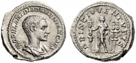 Diadumenian, as Caesar, 217-218. Denarius (Silver, 19mm, 4.48 g 12), Rome, late July 217 - end February 218. M OPEL ANT DIADVMENIAN CAES Bare-headed a...