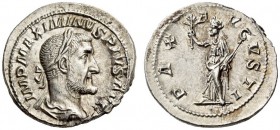 Maximinus I, 235-238. Denarius (Silver, 20mm, 3.21 g 6), Rome , March 235 - January 236. IMP MAXIMINVS PIVS AVG Laureate, draped and cuirassed bust of...