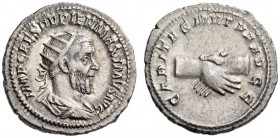 Pupienus, 238. Antoninianus (Silver, 23mm, 4.61 g 6), Rome. IMP CAES PVPIEN MAXIMVS AVG Radiate, draped and cuirassed bust of Pupienus to right. Rev. ...