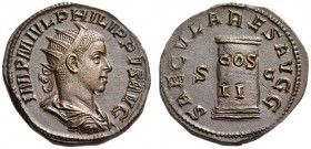 Philip II, 247-249. Dupondius (Orichalcum, 25mm, 11.54 g 12), Rome, 249. IMP M IVL PHILIPPVS AVG Radiate, draped and cuirassed bust of Philip II to ri...