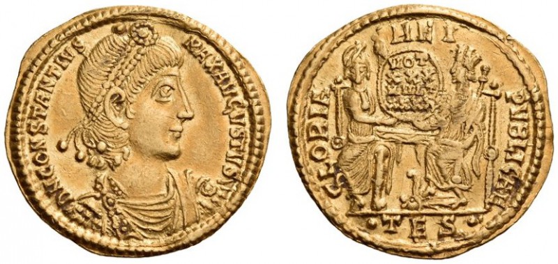 Constantius II, 337-361. Solidus (Gold, 21mm, 4.43 g 12), Thessalonica, 350-355....