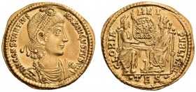Constantius II, 337-361. Solidus (Gold, 21mm, 4.43 g 12), Thessalonica, 350-355. D N CONSTANTIVS MAX AVGVSTVS Pearl-diademed, draped and cuirassed bus...