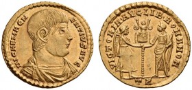 Magnentius, 350-353. Solidus (Gold, 21mm, 4.51 g 5), Treveri, January-February 350. IM CAE MAGNENTIVS AVG Bare-headed, draped and cuirassed bust of Ma...