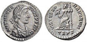 Theodosius I, 379-395. Siliqua (Silver, 18mm, 1.80 g 1), Treveri, 388-395. D N THEODOSIVS P F AVG Pearl-diademed, draped and cuirassed bust of Theodos...