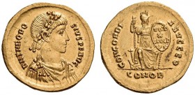 Theodosius I, 379-395. Solidus (Gold, 20mm, 4.50 g 6), Constan­tinople, 9th officina, 388-392. D N THEODO - SIVS P F AVG Draped and cuirassed bust of ...