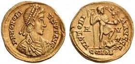 Honorius, 393-423. Solidus (Gold, 20mm, 4.44 g 12), Ravenna, 402-406. D N HONORIVS P F AVG Pearl-diademed, draped, and cuirassed bust of Honorius to r...