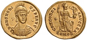 Honorius, 393-423. Solidus (Gold, 20mm, 4.52 g 6), Constantinople, 403-408. D N HONORIVS P F AVG Helmeted, diademed and cuirassed bust of Honorius fac...