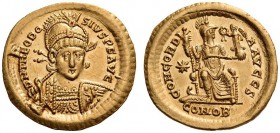 Theodosius II, 402-450. Solidus (Gold, 30mm, 4.48 g 6), Constan­tinople, 6th officina, c. 403-408. D N THEODO - SIVS P F AVG Helmeted, diademed and cu...