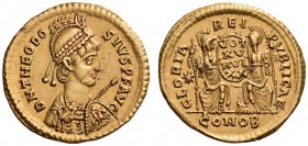 Theodosius II, 402-450. Solidus (Gold, 20mm, 4.48 g 6), Constantinople, 415. D N THEODO-SIVS P F AVG Helmeted, pearl-diademed, draped and cuirassed bu...