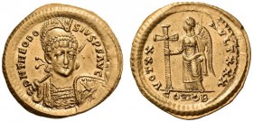 Theodosius II, 402-450. Solidus (Gold, 21mm, 4.46 g 6), Constan­tinople, 420-422. D N THEODO - SIVS P F AVG Helmeted, diademed and cuirassed bust of T...