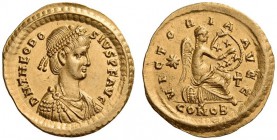 Theodosius II, 402-450. Semissis (Gold, 18mm, 2.23 g 6), Constantinople, 420-423. D N THEOD-SIVS P F AVG Pearl-diademed, draped and cuirassed bust to ...