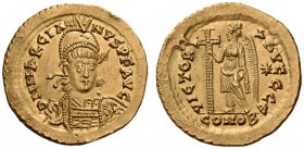 Marcian, 450-457. Solidus (Gold, 20mm, 4.46 g 6), Constantinople. D N MARCIANVS P F AVG Helmeted, diademed and cuirassed bust of Marcian facing, holdi...