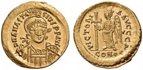 Anastasius I, 491-518. Solidus (Gold, 19mm, 4.48 g 6), Constantinople, 491-498. DN ANASTA-SIVS PP AVC Helmeted and cuirassed bust of Anastasius 3/4 fa...