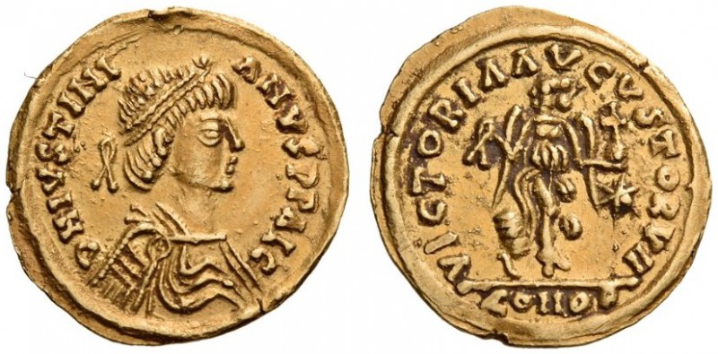 Justinian I, 527-565. Tremissis (Gold, 13mm, 1.48 g 6), of curious style, almost...