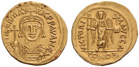 Maurice Tiberius, 582-602. Solidus (Gold, 20mm, 4.47 g 6), Carthage, year 1 = 582. dN TIB'R mAV-RIC P P AV AN A Crowned and armored bust of Maurice fa...