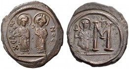 Maurice Tiberius, with Constantina and Theodosius, 582-602. Follis or 40 nummi (Bronze, 32mm, 15.38 g 7), Cherson, 596-602. Χ'ΡCω - ΝΟC Nimbate figure...