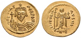 Phocas, 602-610. Solidus (Gold, 20mm, 4.50 g 7), Constantinople, 10th officina (I), 609-610. dN FOCAS PERP AVC Draped and cuirassed bust of Phocas fac...