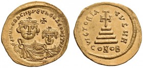 Heraclius, with Heraclius Constantine, 610-641. Solidus (Gold, 20mm, 4.40 g 6), Constantinople, c. 613-616. dd NN hERACLISU ET hERA CONST PP Crowned, ...