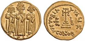 Heraclius, with Heraclius Constantine and Heraclonas, 610-641. Solidus (Gold, 20mm, 4.45 g 7), Constantinople, indictional year IB = 12 = 638/639. Her...