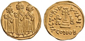 Heraclius, with Heraclius Constantine and Heraclonas, 610-641. Solidus (Gold, 20mm, 4.41 g 6), Constantinople, indictional year IB = 12 = 638/639. Her...