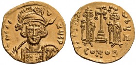 Constantine IV Pogonatus, with Heraclius and Tiberius, 668-685. Solidus (Gold, 19mm, 4.33 g 6), Constantinople, 674-681. d N CON-TNV SP Diademed, helm...