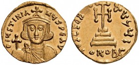 Justinian II, first reign, 685-695. Solidus (Gold, 18mm, 4.41 g 6), Constantinople, 687/8. D IUSTINIA-NUS PE AV Crowned and bearded bust of Justinian ...