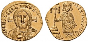Justinian II, first reign, 685-695. Solidus (Gold, 17mm, 4.35 g 7), Constantinople, 692-695. IhS CRISTDS REX REGNAN[TIuM] Draped bust of Christ facing...