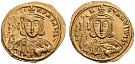 Constantine V Copronymus, 741-775. Solidus (Gold, 20mm, 4.46 g 6), Constantinople, c. 742-745. d LEON PA MUL- Crowned bust of Constantine's father Leo...