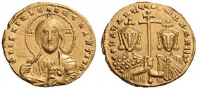 Constantine VII Porphyrogenitus, with Romanus II, 913-959. Solidus (Gold, 19mm, 4.44 g 6), Constantinople, 945-959. +IhS XPS REX RE— NANTIY M Facing b...