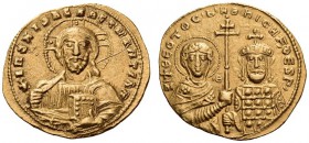 Nicephorus II Phocas, 963-969. Histamenon nomisma (Gold, 19mm, 4.43 g 6), Constantinople. +IhS XIS REX REGNANTIhM Bust of Christ Pantocrator facing, w...