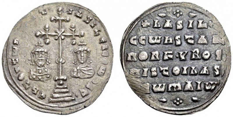 Basil II Bulgaroktonos, with Constantine VIII, 976-1025. Miliaresion (Silver, 23...